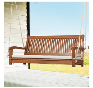 2-Person Hanging Porch Swing Wood Bench with Cushion Curved Back