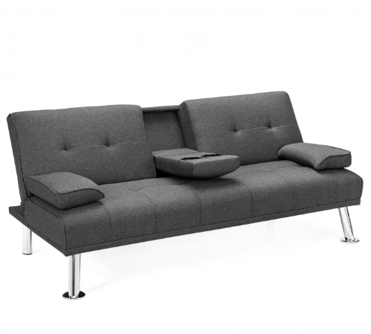 Convertible Folding Futon Sofa Bed Fabric with 2 Cup Holders-Grey