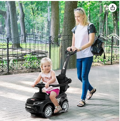 4 in 1 Ride on Push Car, Toddlers Stroller Sliding Walking with Horn, Music, Lights, Removable Guardrails and Handle, Underneath Storage, Foot-to-Floor Walker for Boys Girls (Dark)