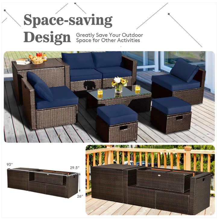 8 Pieces Patio Rattan Furniture Set with Storage Box and Waterproof Cover-Navy