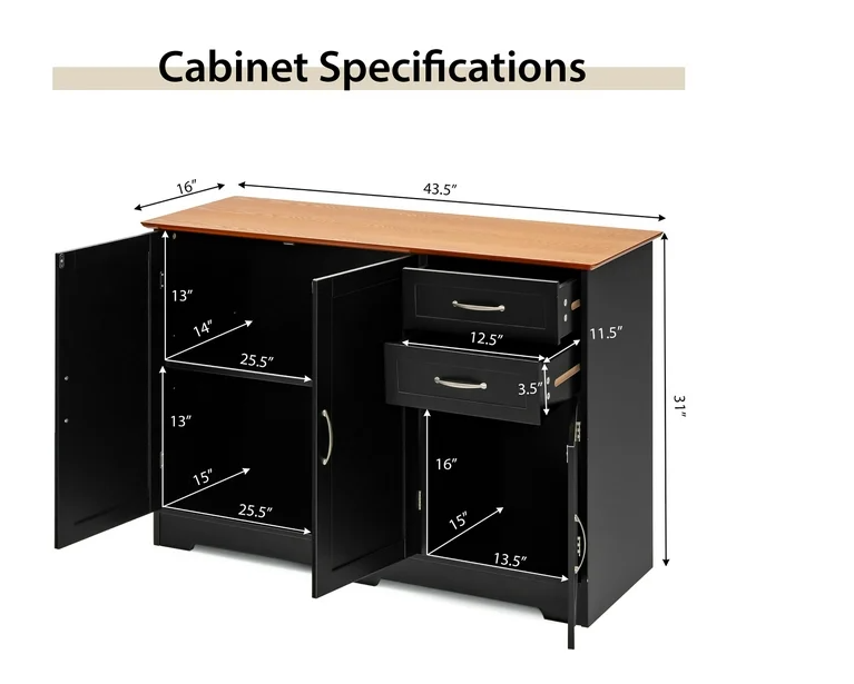 Buffet Sideboard Kitchen Cupboard Storage Cabinet with 2 Drawers & 3 Doors Black