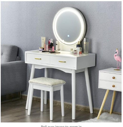 Vanity Set with Lighted Mirror, Table and Cushioned Stool-  (White)  Assembled