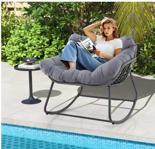 Outdoor Rocking Chair Oversized Patio PE Wicker Egg Chair with Cushion-Gray (Assembled)