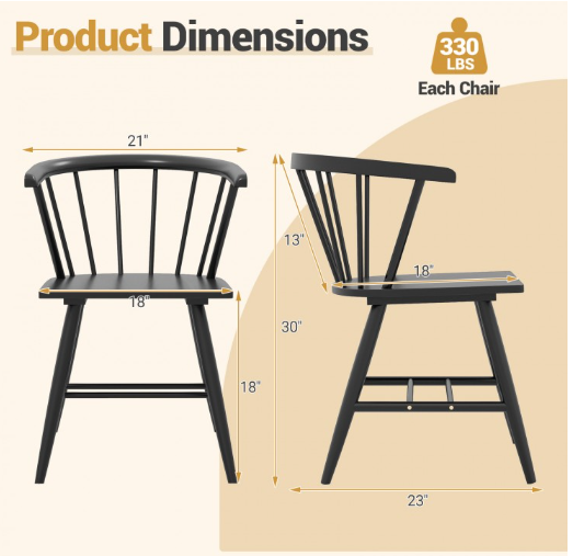 Windsor Dining Chair Set of 2 Mid-Century Modern Black Kitchen Chairs-Black