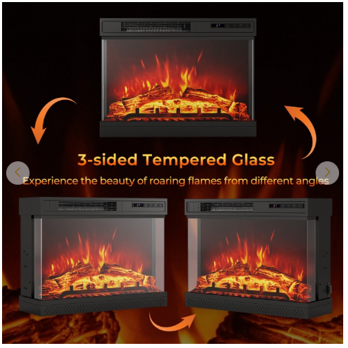 24 Inches 3-Sided Glass Electric Fireplace Heater with Remote Control