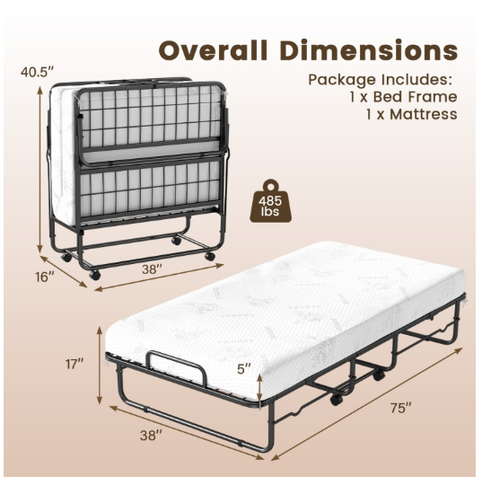Twin Size Folding Bed with 5-inch Mattress and Metal Frame for Apartment