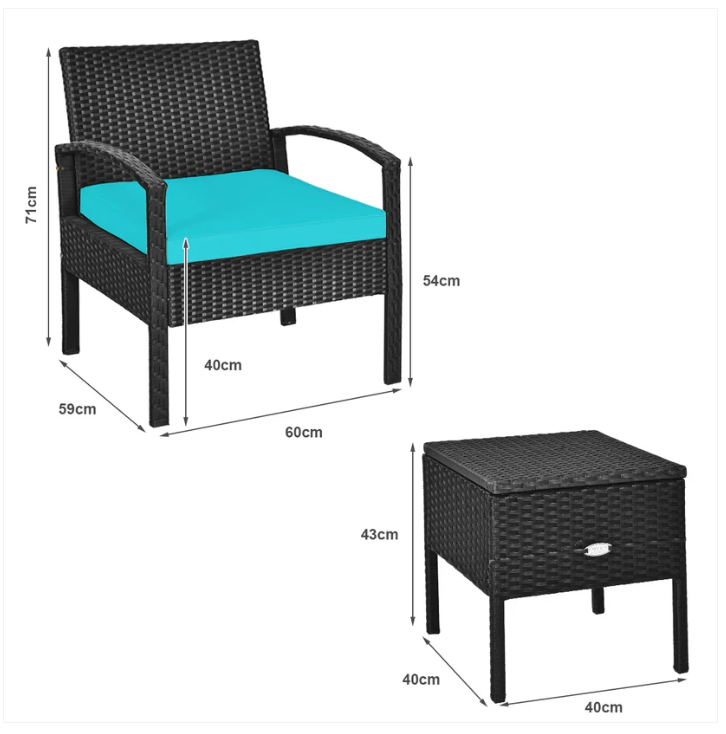 2 Piece Rattan Wicker chair and Coffee Table - Turquoise