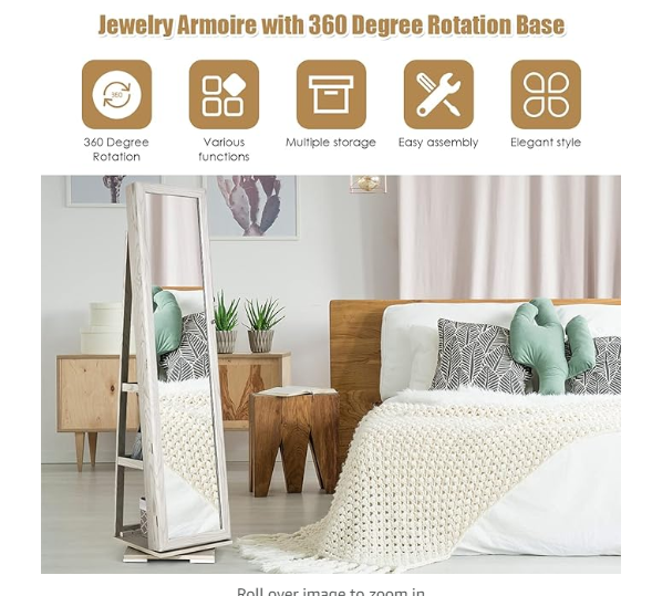 360° Rotating Mirrored Jewelry Cabinet Armoire  with Mirror