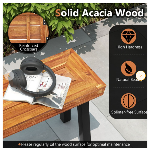 Patio Acacia Wood Dining Bench Seat with Steel Legs (Assembled) [Shipping Damage]