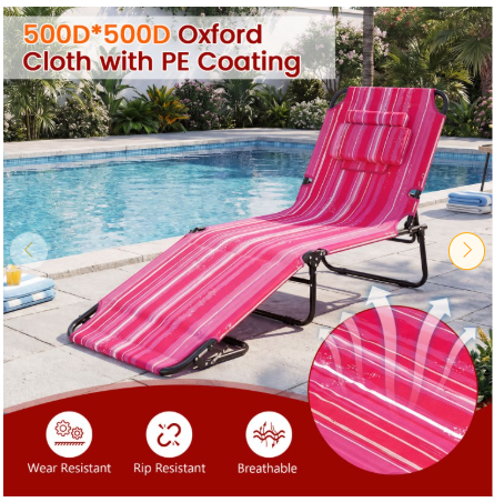 Beach Chaise Lounge Chair with Face Hole and Removable Pillow-Pink Striped