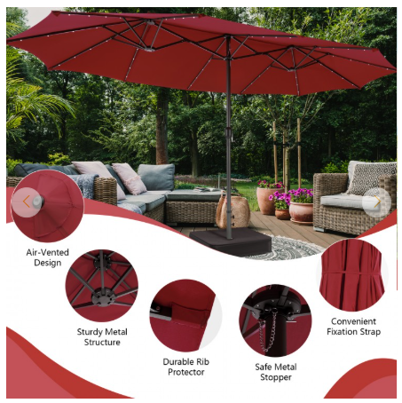 13FT Double-sided Patio Umbrella with Solar Lights - Dark Red