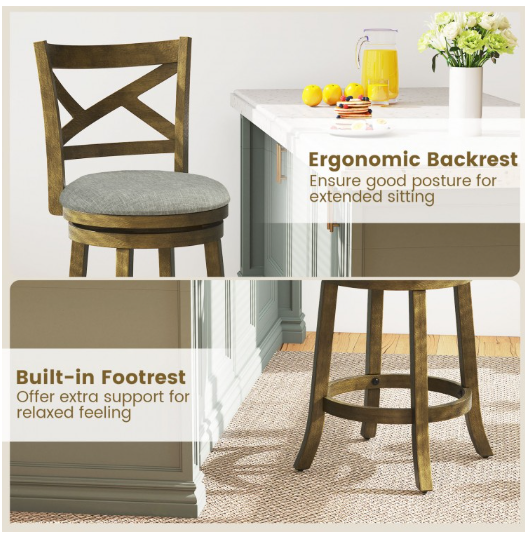 Set of 3 -25 Inch Swivel Counter Barstools with Backrest & Upholstered Seat-Beige