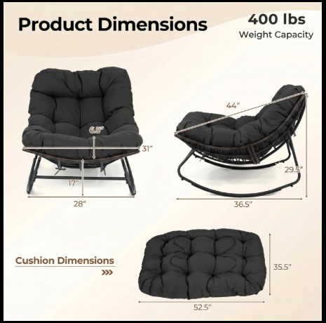 Outdoor Rocking Chair Oversized Patio PE Wicker Egg Chair with Cushion-Gray (Assembled)