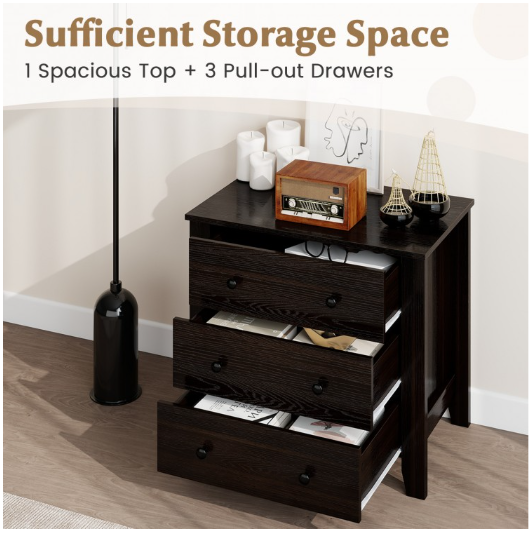 3 Drawer Dresser Chest of Drawers Bedside Table-Black Wood Grain (Assembled)