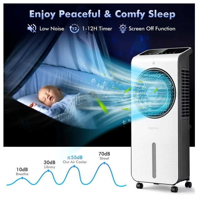 Evaporative Air Cooler 3-in-1 Portable Swamp Cooling Fan w/ 12H Timer Remote