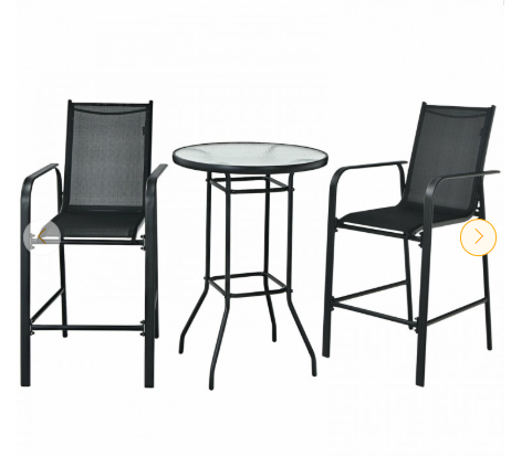 3 Pieces Outdoor Patio Bar Table Stool Set-Black (Assembled)