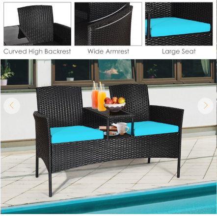 Patio Rattan Cushioned Table Chairs Chat Set - Ours is Turquois (Assembled)