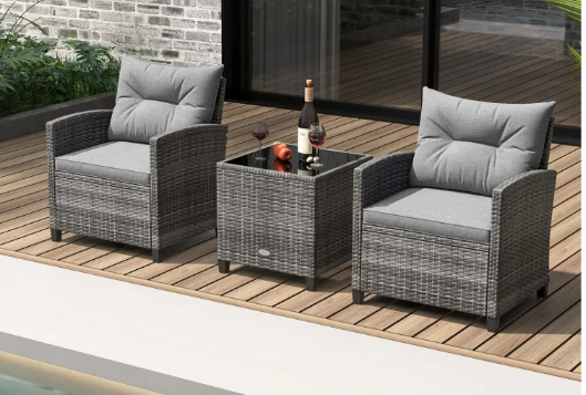 3 Pieces Outdoor Wicker Conversation Set with Tempered Glass Tabletop-Grey(Manufactures Error) (Assembled)
