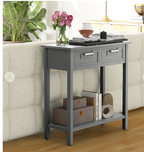 Narrow Console Table with Drawers and Open Storage Shelf-Grey