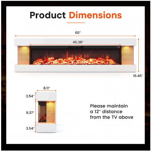 60 Inch 3-Sided Wall Mounted Electric Fireplace (UK Power cord - Requires a 120v adaptor )