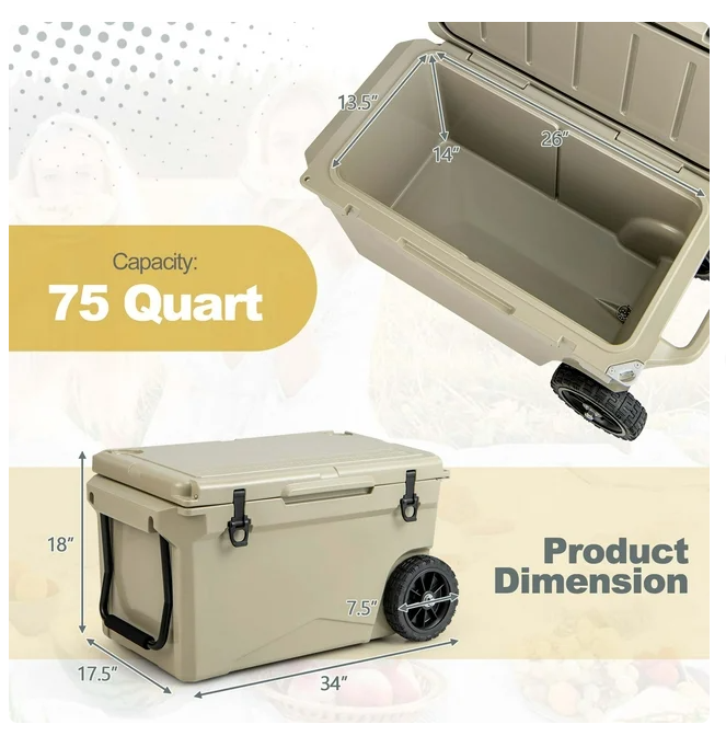 75 Qt Portable Cooler Roto Molded Ice Chest Insulated 5-7 Days with wheels Handle -  Tan