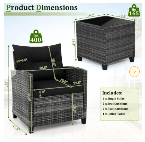 3 Pieces Outdoor Wicker Conversation Set with Tempered Glass Tabletop-Black (Assembled)
