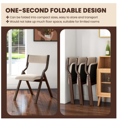 Set of 2 Wooden Folding Dining Chair with Linen Fabric Padded Seat and Backrest-Coffee
