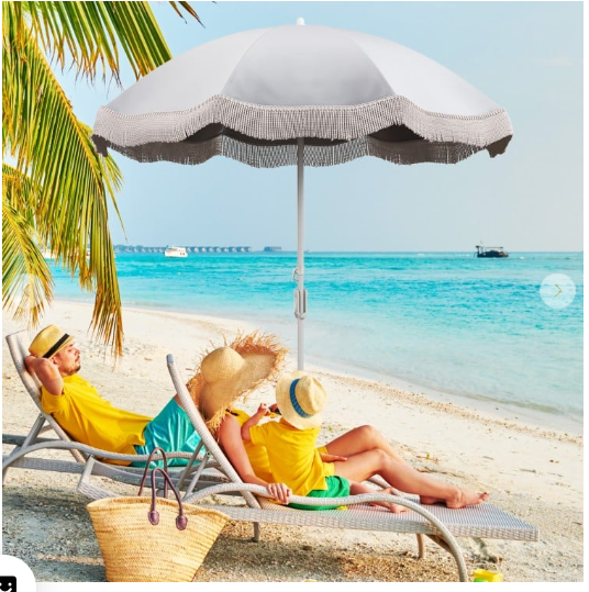 6.5 FT Beach Umbrella with Fringe Outdoor Tassel Umbrella with Push Button Tilt - Light Grey