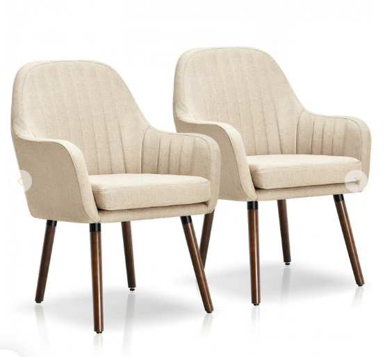 Set of 2, Accent Upholstered Arm Chair w/Wood Legs, Beige