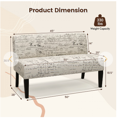 Armless Loveseat Sofa with Backrest, Spring Cushion Support