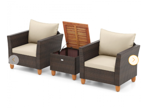 3 Pieces Patio Furniture Set and Acacia Wood Storage Coffee Table-Beige (Assembled)