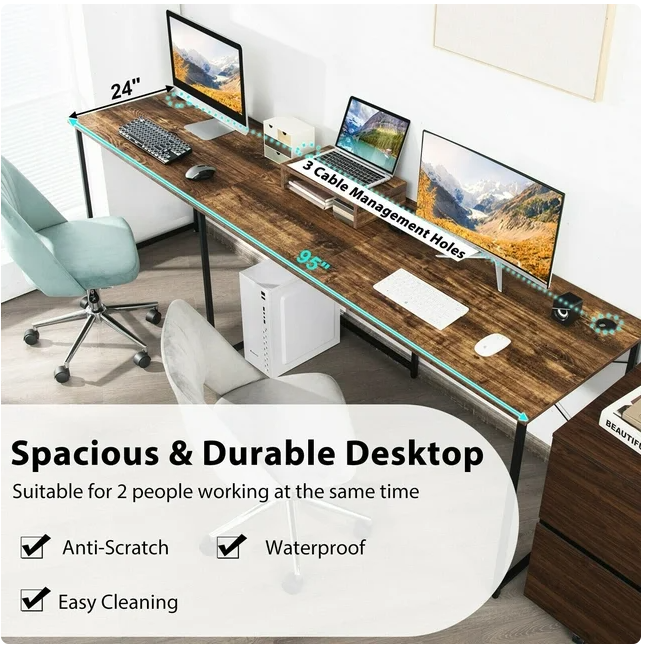 95 Inch 2-Person L-Shaped Long Reversible Computer Desk with Monitor Stand-Rustic Brown