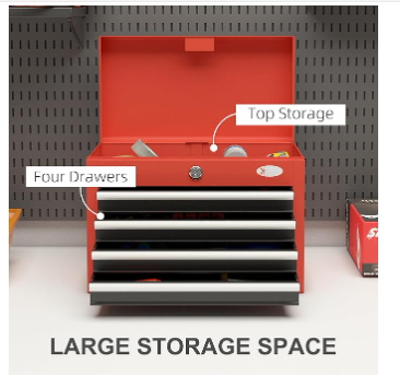 4 Drawer Toolbox, Lockable Toolbox with Top Tray  - Black