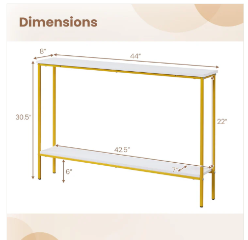 White/Gold Console Table with Shelf, 44" Narrow Entryway Table  (Fully Assembled)