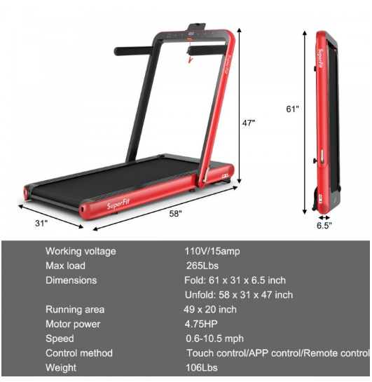 *CLEARANCE SPECIAL* 4.75HP 2 In 1 Folding Treadmill with Remote APP Control-RED (I Box)