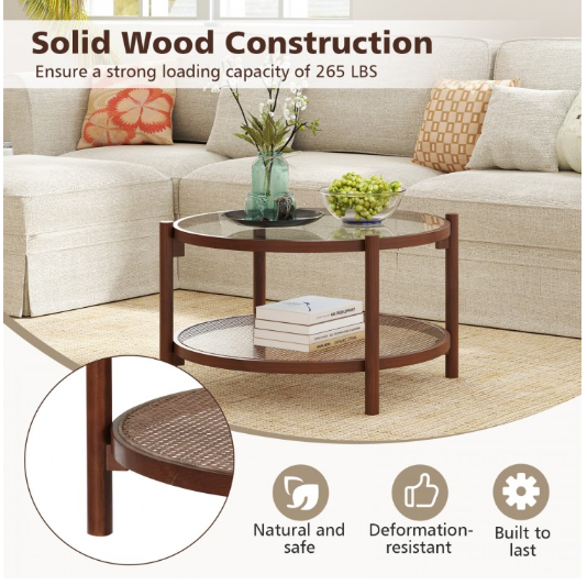 31 Inch 2-Tier Round Coffee Table with Tempered Glass Top for Living Room-Cherry (Assembled)