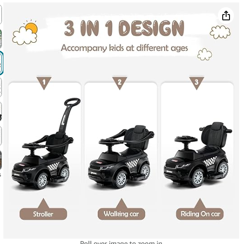 4 in 1 Ride on Push Car, Toddlers Stroller Sliding Walking with Horn, Music, Lights, Removable Guardrails and Handle, Underneath Storage, Foot-to-Floor Walker for Boys Girls (Dark)
