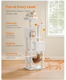 (Unassembled) - Cat Condo, cat  tree, 61-Inch Cat Tower with 5 Scratching Posts, 2 Perches, 2 Caves, Hammock, 2 Pompoms, Cream White (1 Box, Unassembled)