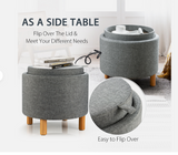 Round Storage Ottoman w/Wood Legs w/Tray Top Accent Padded Footrest Gray