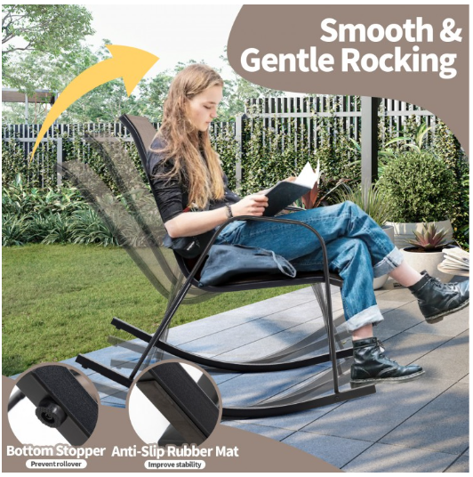 Heavy-Duty Metal Patio Rocking Chair with Breathable Seat Fabric-Brown