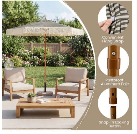 7 Feet Patio Umbrella with Fringe Sun-Protective Beach Umbrella with Boho Tassel-Grey/Green