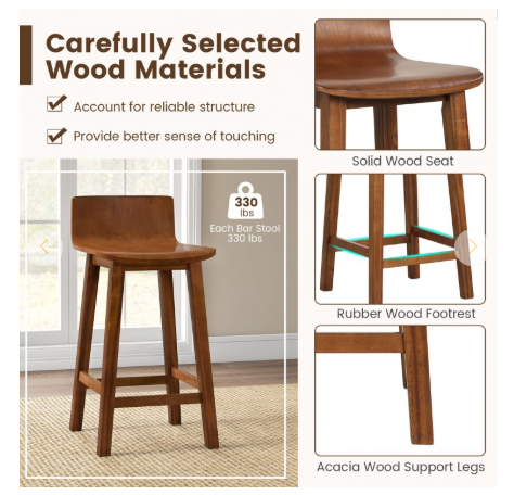 Set of 2 - Bar Stools with Solid Back and Seat-Brown (Assembled)