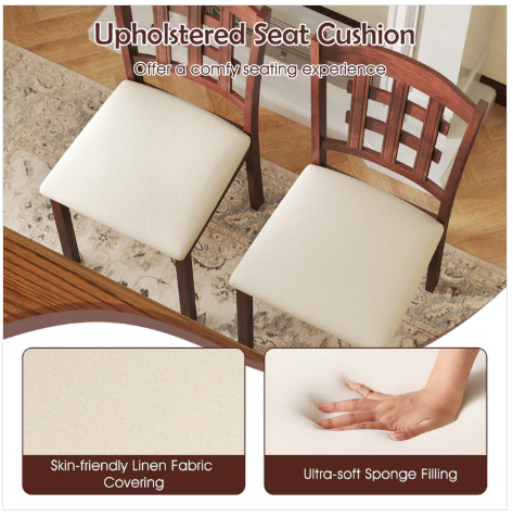 Set of 4, Wooden Dining Chair, Linen Fabric Padded Kitchen Chairs