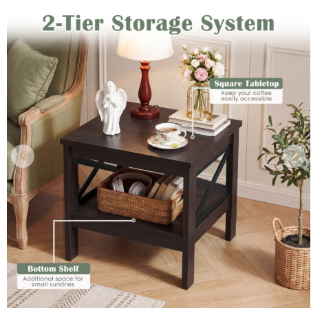 2-Tier Square Side Table with Storage Shelf and X-Frame for Bedroom Living Room-Brown