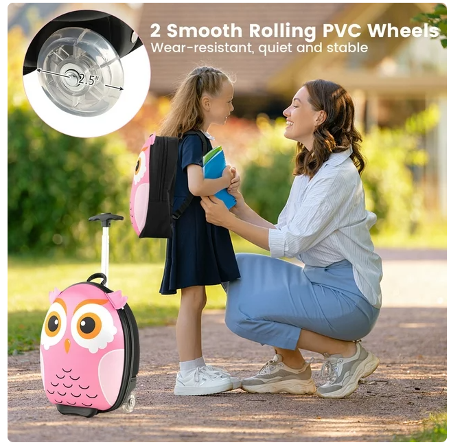 2PCS Kids Carry On Luggage Set 16'' Owl Rolling Suitcase with 12'' Backpack Travel Pink