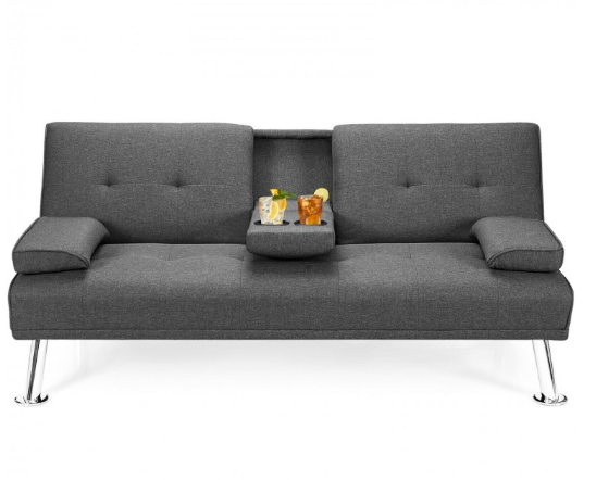 Convertible Folding Futon Sofa Bed Fabric with 2 Cup Holders-Grey