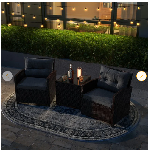 3 Pieces Patio Furniture Set with Tempered Glass Coffee Table-Grey - (Assembled)