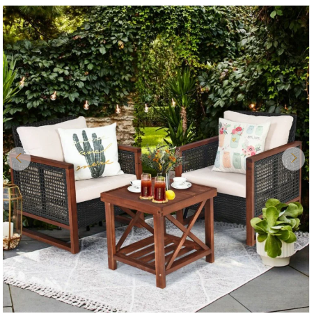3 Pieces Acacia Wood Patio Furniture Set with Coffee Table (Assembled)