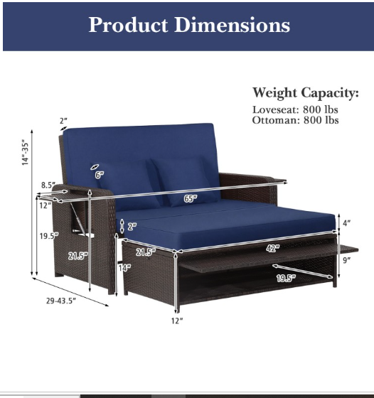 Patio Rattan Daybed with 4-Level Adjustable Backrest and Retractable Side Tray-Navy (Assembled)