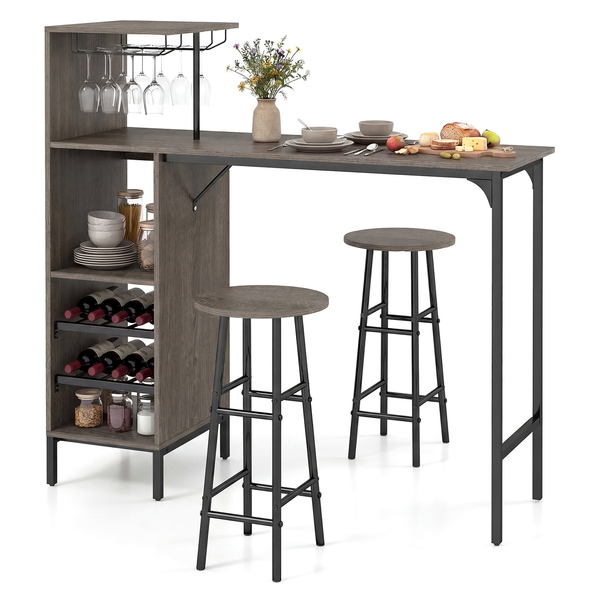3 Piece Bar Table and Chairs Set with 6-Bottle Wine Rack-Oak (Scratch and Dent) - Assembled